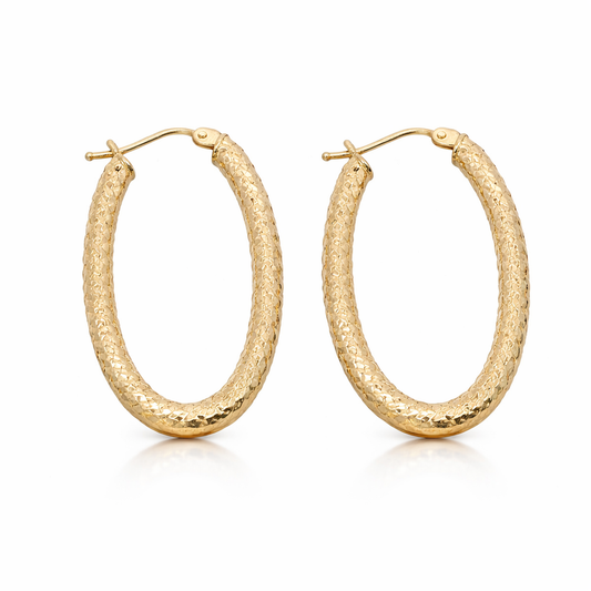 14k Gold Diamond Cut Oval Hoop Earrings | 1" Length
